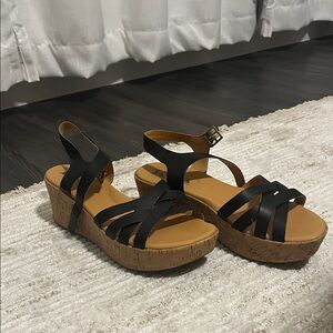 Kork-Ease Black and Tan Cork Wedge Sandals